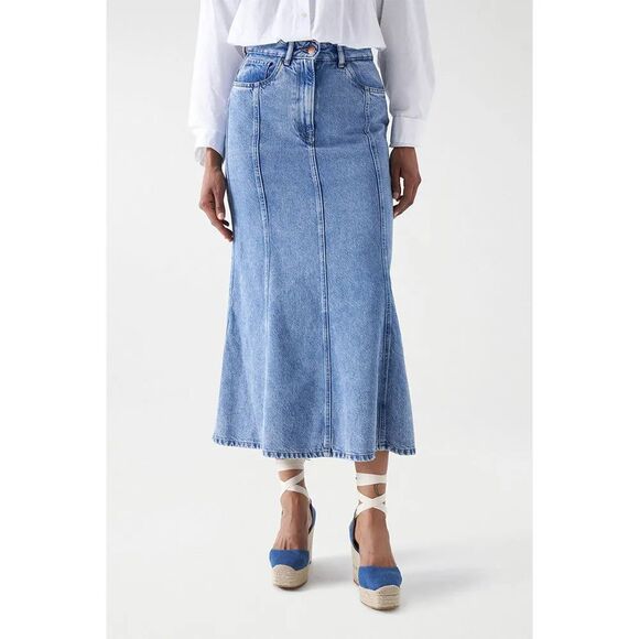 NWT Salsa Jeans Denim Midi Skirt 28 6 Mermaid Western Cowgirl No Slit Light Wash - Picture 1 of 14